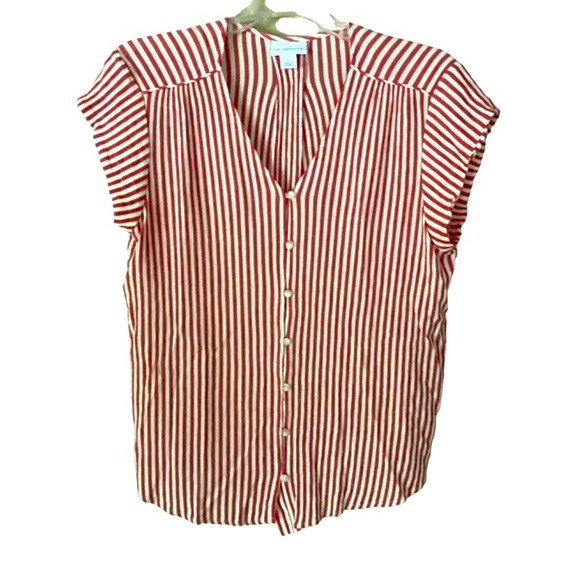 Liz Claiborne 100% rayon blouse, L, red/white vertical (slenderizing!) stripe. - Picture 1 of 6